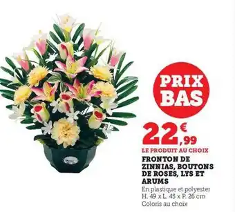 Fronton de zinnias, boutons de roses, lys et arums