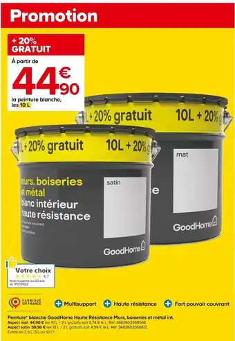 Castorama Goodhome peinture blanche haute résistance murs, boiseries et métal int.* offre