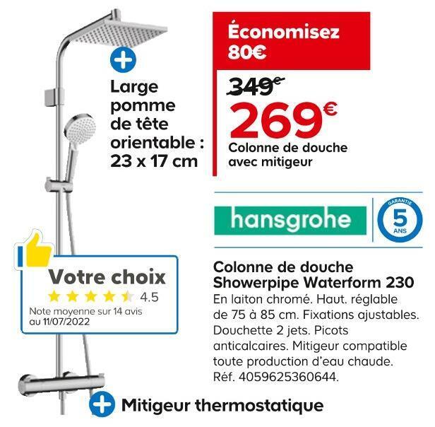 Promo Hansgrohe colonne de douche showerpipe waterform 230 chez Castorama
