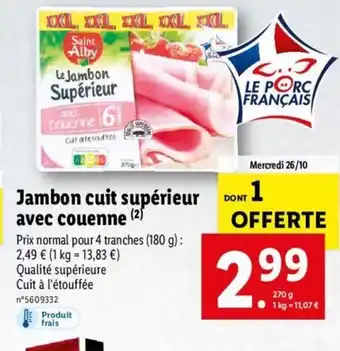 Lidl Jambon Cuit Supérieur Avec Couenne offre