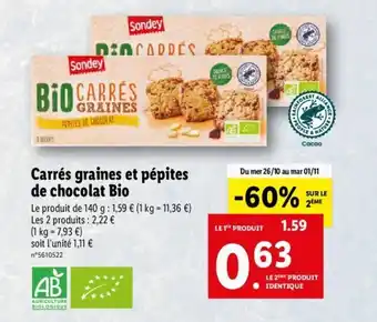 Lidl Carrés graines et pépites de chocolat bio offre