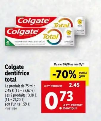 Lidl Colgate dentifrice total offre