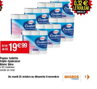 Migros Papier Toilette Triple Epaisseur Blanc Bleu offre