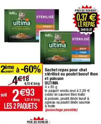 Migros Sachet Repas Pour Chat Stérilisé Au Poulet Boeuf Thon et Poisson Ultima offre
