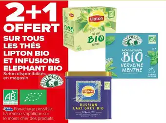 Lipton / elephant 2+1 offert sur tous les thés lipton bio et infusions elephant bio