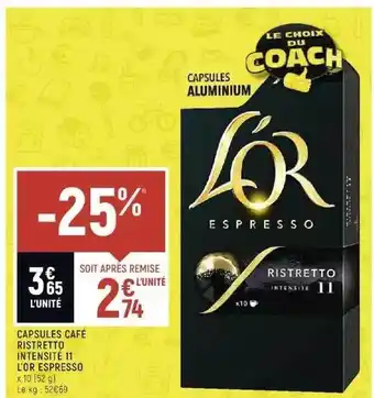 Spar Capsules café ristretto intensité 11 l'or espresso offre