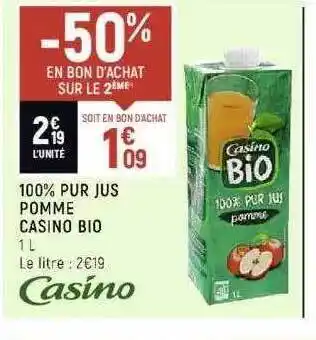 Spar 100% pur jus pomme casino bio offre