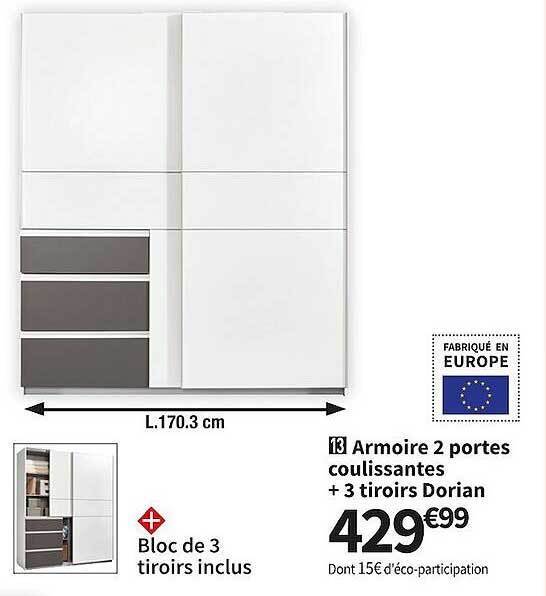 Promo Armoire 2 portes coulissantes + 3 tiroirs dorian chez Conforama