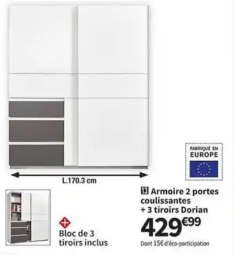 Conforama Armoire 2 portes coulissantes + 3 tiroirs dorian offre