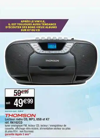 Cora x Carrefour Lecteur radio cd, mp3, usb et k7 thomson offre