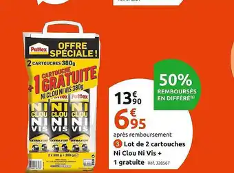 Mr Bricolage Lot de 2 cartouches ni clou ni vis + 1 gratuite pattex offre