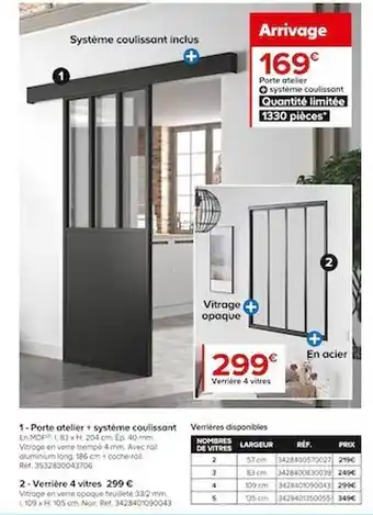 Castorama Porte atelier + système coulissant, verrière 4 vitres offre