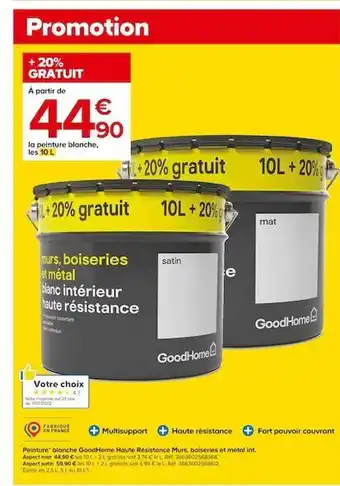 Castorama Peinture blanches goodhome haute résistance murs, boiseries et métal 30l offre