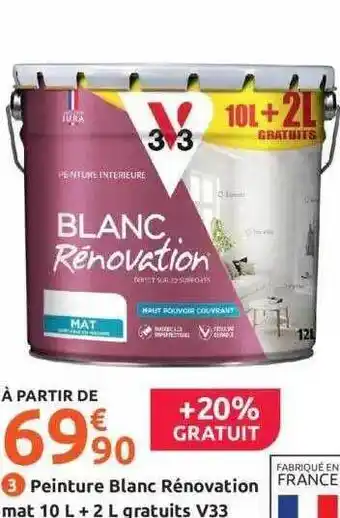 Mr Bricolage Peinture blanc rénovation mat 10l + 2l gratuits v33 offre