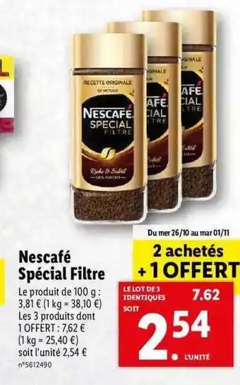Lidl Nescafé spécial filtre offre