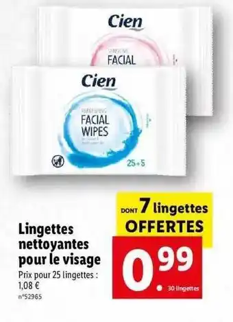 Lidl Lingettes nettoyantes pour le visage cien offre