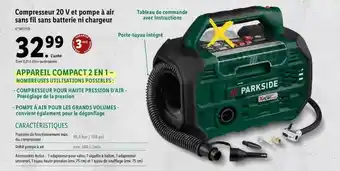 Lidl Compresseur 20 v et pompe à air sans fil sans batterie ni chargeur parkside offre