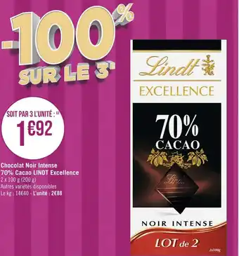 Géant Casino Lindt chocolat noir intense 70% cacao excellence offre