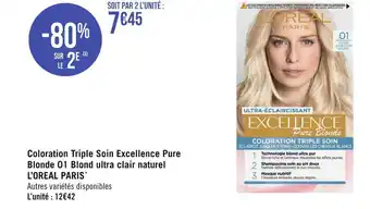 Géant Casino L’oreal paris coloration triple soin excellence pure blonde 01 blond ultra clair naturel* offre