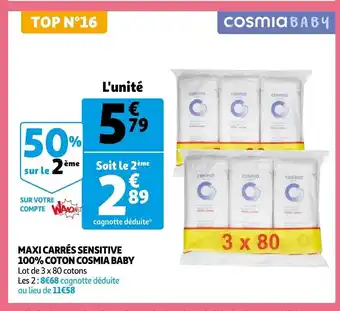 Auchan Maxi Carres Sensitive 100% Coton Cosmia Baby offre