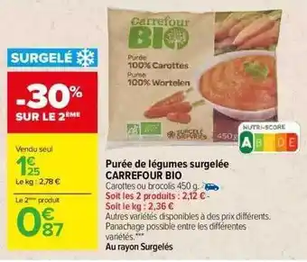 Carrefour Purée de légumes surgelée carrefour bio offre