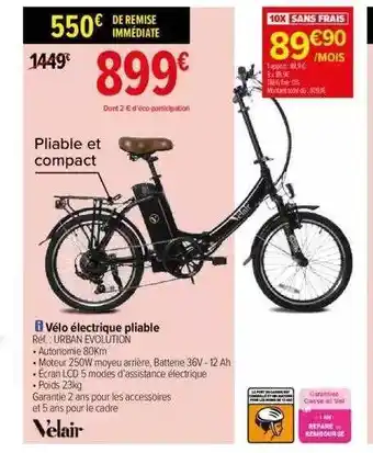 Carrefour Vélo électrique pliable velair offre