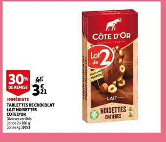 Auchan Tablettes de Chocolat Lait Noisettes Cote d'Or offre