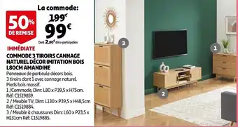 Auchan Commode 3 Tiroirs Cannage Naturel Decor Imitation Bois L80cm Amandine offre