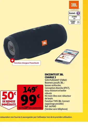 Auchan Enceinte BT JBL Charge 3 offre