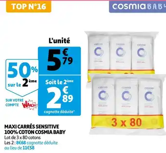 Auchan Cosmia baby maxi carrés sensitive 100% coton offre