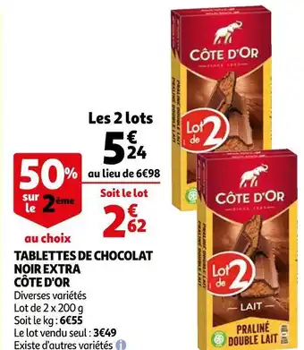Auchan Côte d'or tablettes de chocolat noir extra offre
