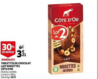 Côte d'or tablettes de chocolat lait noisettes