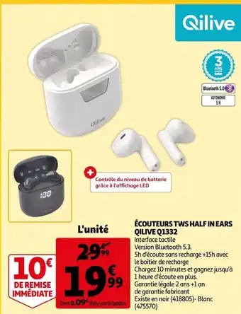Auchan Qilive écouteurs tws half in ears q1332 offre