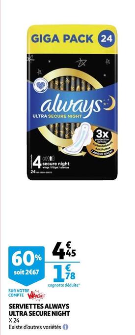 Auchan Always serviettes ultra secure night offre