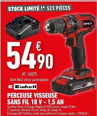 Brico Cash Perceuse visseuse sans fil 18v - 1,5 ah einhell offre