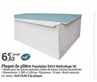 Plaque de plâtre panelplac ba13 hydrofuge h1