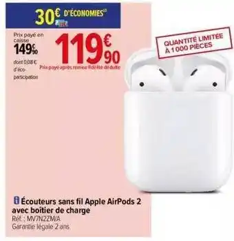 Carrefour Écouteurs sans fil apple airpods 2 avec boîtier de charge offre