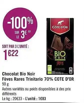 Géant Casino Chocolat bio noir fèves rares trinitario 70% côte d'or offre