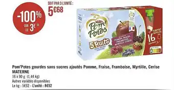 Géant Casino Pom'potes gourdes sans sucres ajoutés pomme, fraise, framboise, myrtille, cerise materne offre