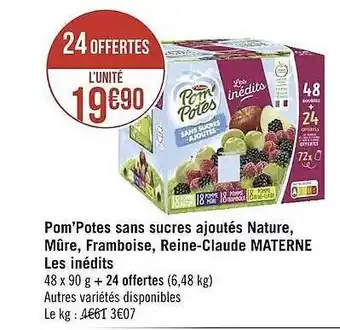 Géant Casino Pom'potes sans sucres ajoutés nature, mûre, framboise, reine-claude materne les inédits offre