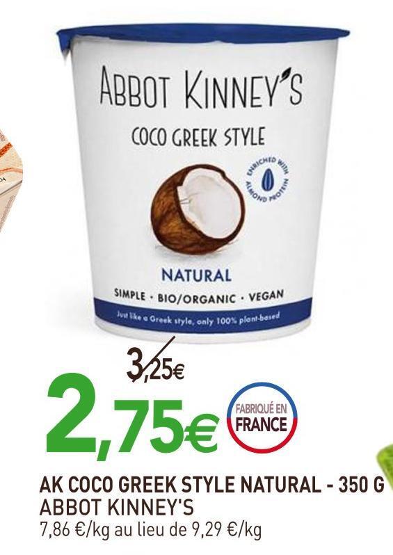 Promo Abbot kinney's ak coco greek style natural 350 g chez naturéO