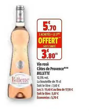 Coccinelle Supermarché Vin rosé côtes de provence billette offre