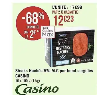 Géant Casino Steaks hachés 5% m.g. pur bœuf surgelés casino offre