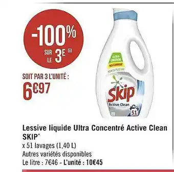 Géant Casino Lessive liquide ultra concentré active clean skip offre