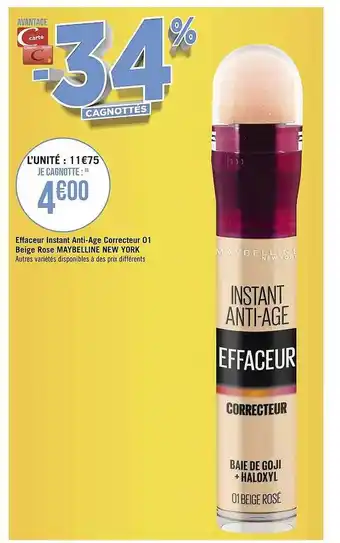 Géant Casino Effaceur instant anti-âge correcteur 01 beige rose maybelline new york offre