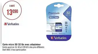 Géant Casino Carte micro sd 32 go avec adaptateur verbatim offre