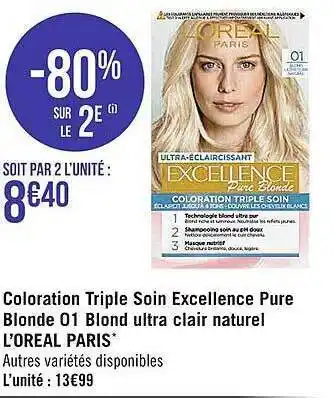 Coloration triple soin excellence pure blonde 01 blond ultra clair naturel l'oréal paris