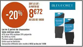 Géant Casino Lot de 2 paires de chaussettes laine mérinos unies bleu forêt offre