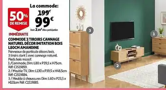 Auchan Commode 3 tiroirs cannage naturel décor imitation bois l80 cm amandine offre