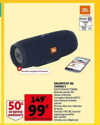 Auchan Enceinte bt jbl charge 3 offre